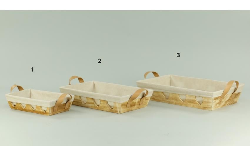 Wooden basket with hearts 50x32xH10cm with leather handle